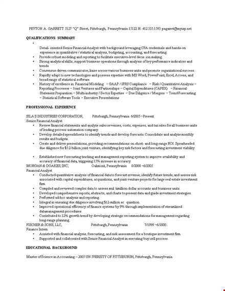 finance analyst resume - financial analysis | pennsylvania | pittsburgh | forecasting template