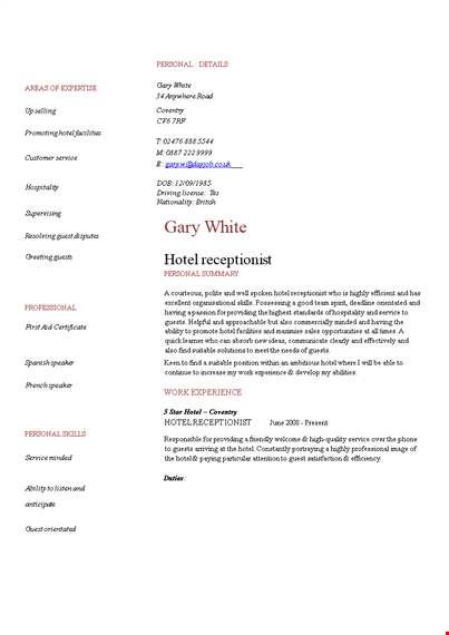 hotel curriculum vitae template