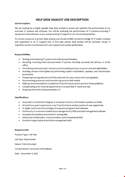 help desk analyst job description template