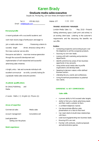 graduate media sales resume template