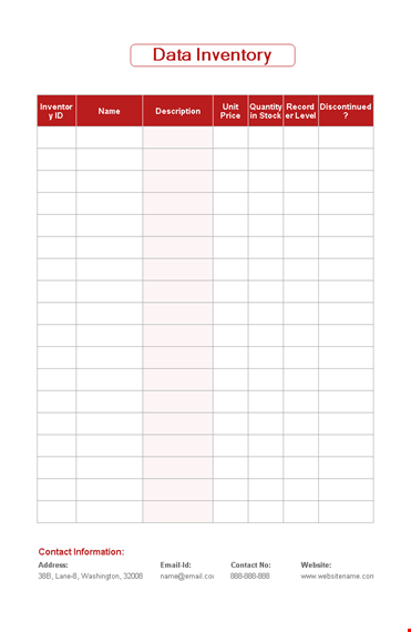 data inventory template - manage email, inventory, description & contact template