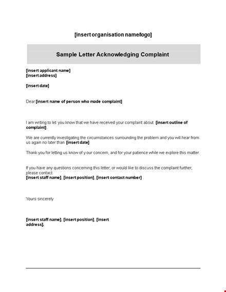 sample customer complaint acknowledgement letter template template