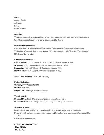 fresher marketing executive resume template