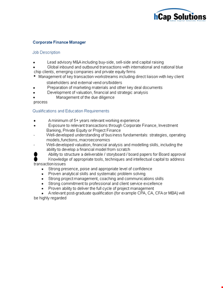 corporate finance manager: financial management expertise & leadership template