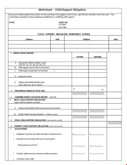 support obligation - weekly child csow template