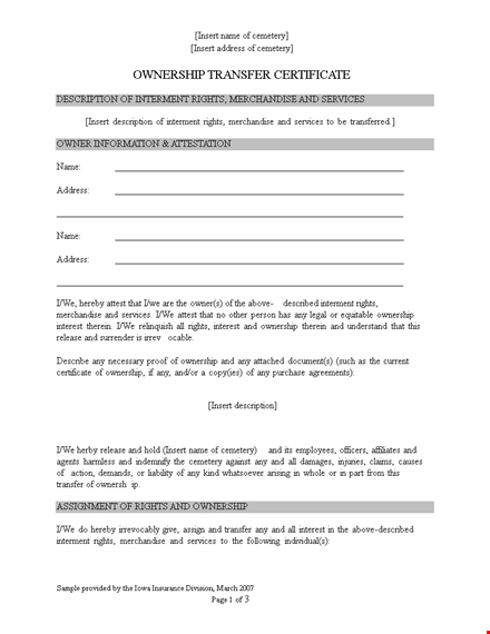 ownership transfer letter format for rights, merchandise, and interment template