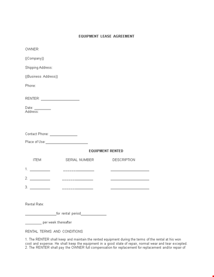 equipment rental agreement form template