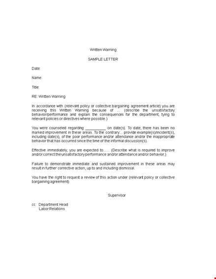 written employee warning letter for relevant behavior template