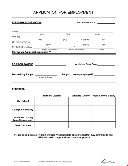 job employment application form template template