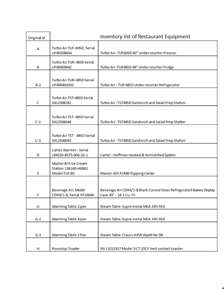 restaurant equipment inventory list template - manage model, serial, and turbo effortlessly template