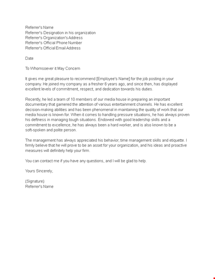 professional reference letter for organization endorsement template