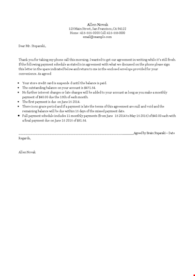 payment agreement letter template template