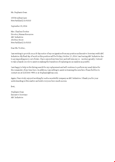 resignation letter format with days notice template