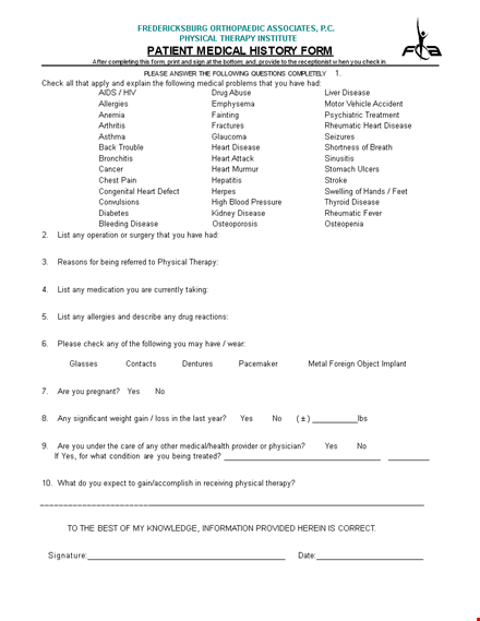 printable medical history form | complete physical, disease, heart, and therapy documentation template