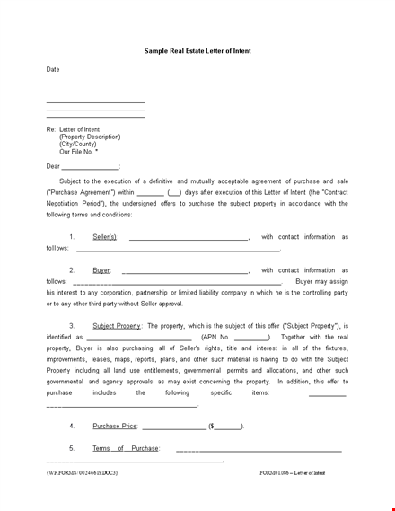 sample real estate letter of intent template