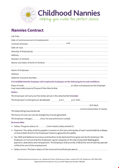 childhood nanny contract template