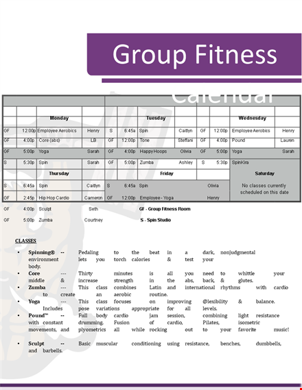 group fitness calendar template template
