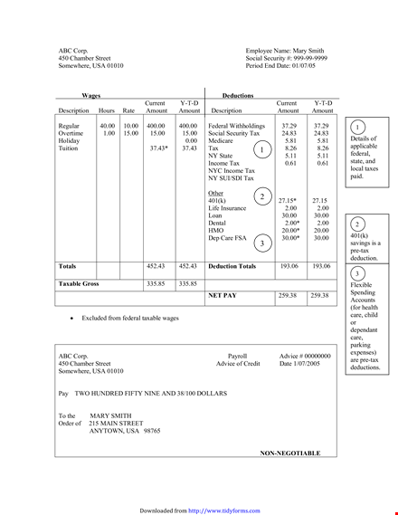 create professional pay stubs with our template - street, amount & federal included template