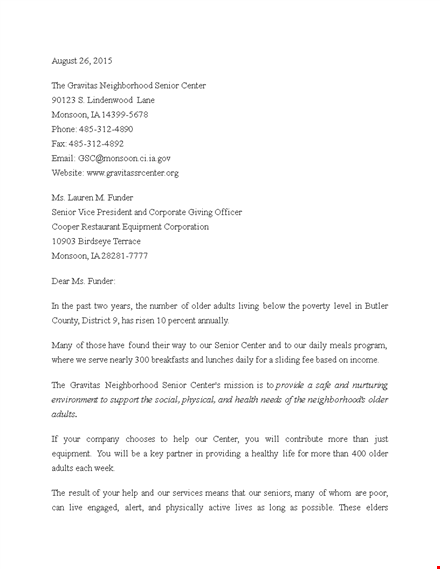 requesting donations for our senior center in neighborhood | gravitas donation letter template