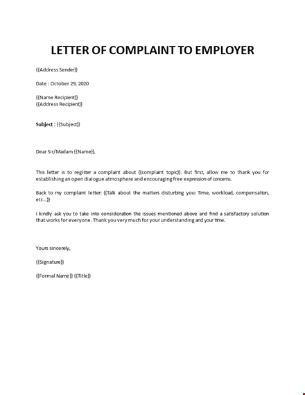 letter of complaint to employer template