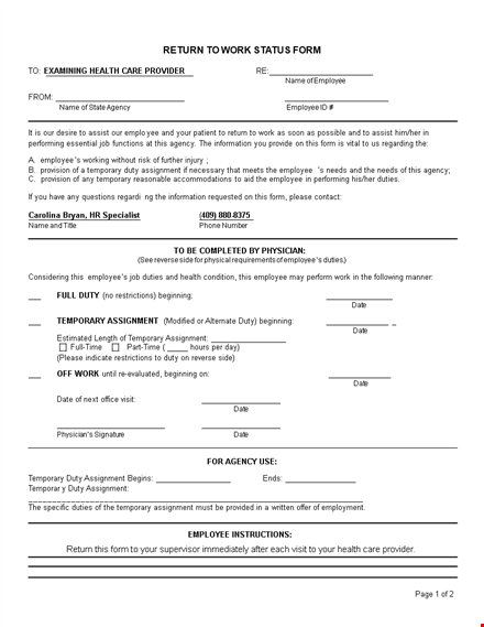 return to work form | employee assignment | temporary template