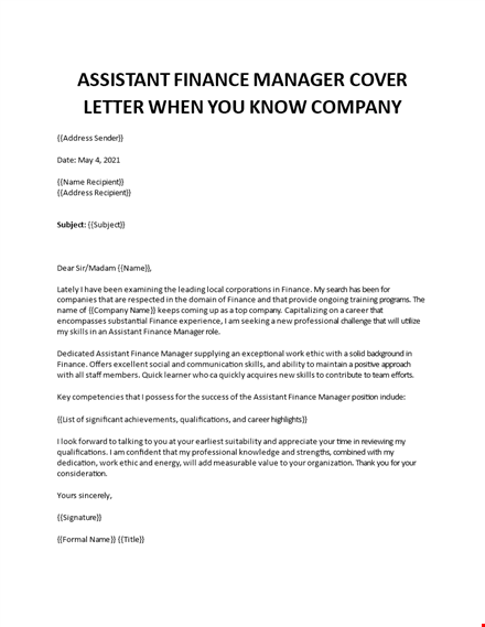 finance assistant cover letter template