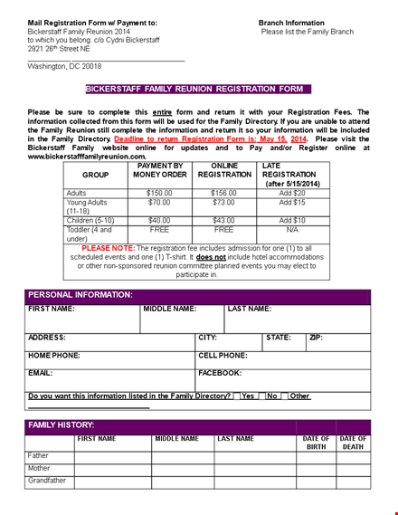 family reunion registration form template template