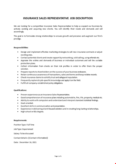 insurance sales rep job description template