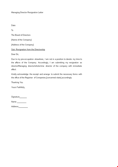 managing director resignation letter template