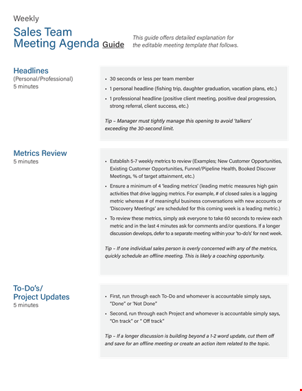 sales team meeting agenda: minutes, metrics, and more template