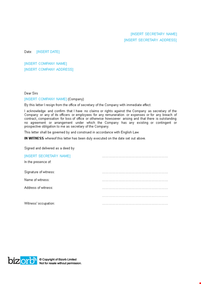 corporate secretary resignation letter in word template