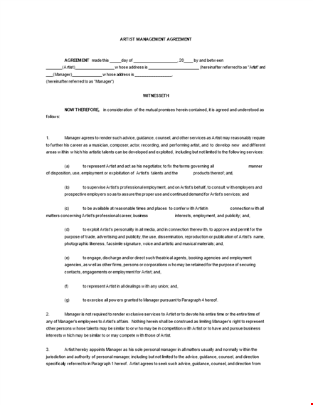 free download artist management contract word template template