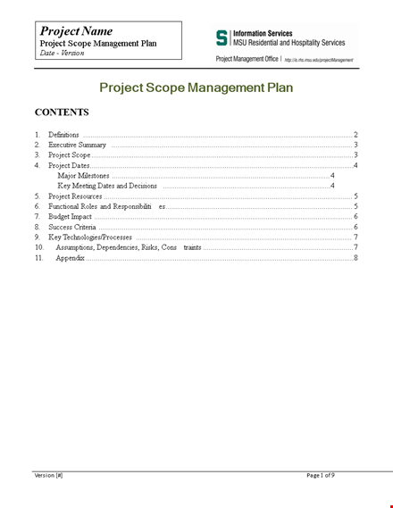 project scope example: success, summary, measures template