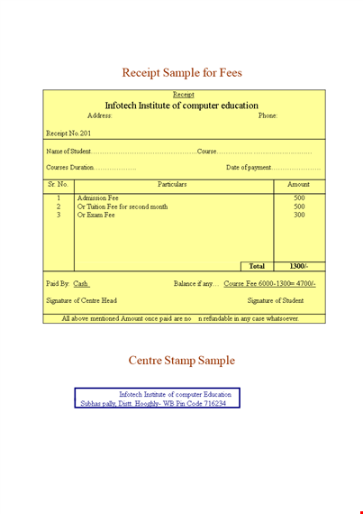 professional fee receipt template: create sample receipts for your institute | infotech template