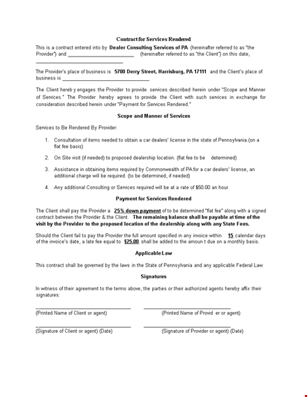 service rendered contract template template