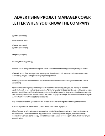 advertising manager application letter template