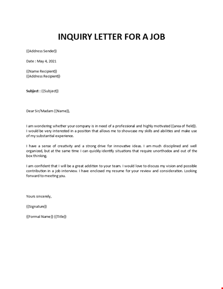 email for job inquiry template