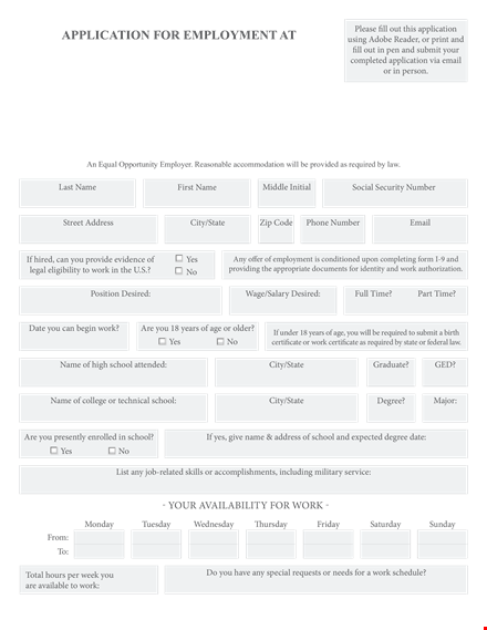 free job application form for employment in your state template