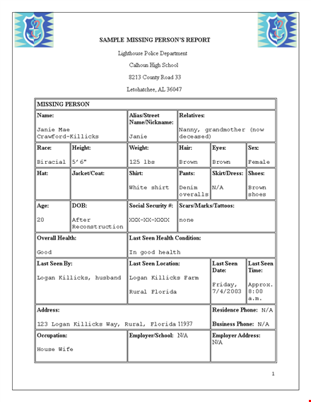 missing person police report template template