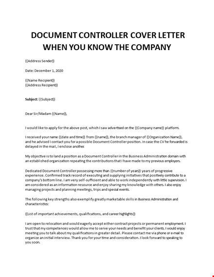 document controller cover letter template