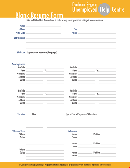 printable blank job resume template - address, title, phone, duties template