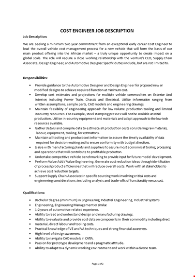 cost engineer job description template