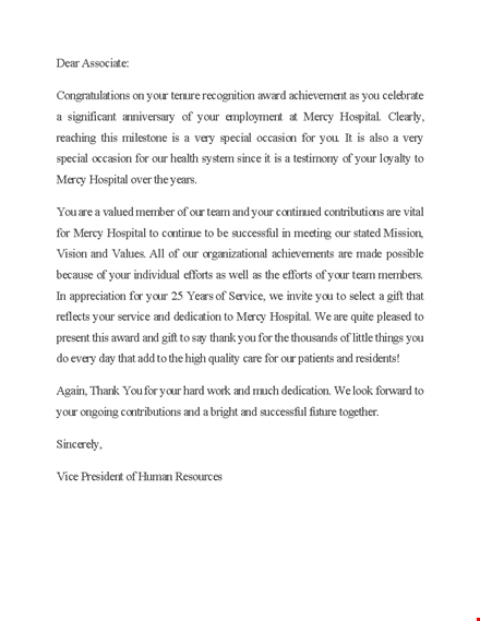 special hospital award - mercy recognition letter template