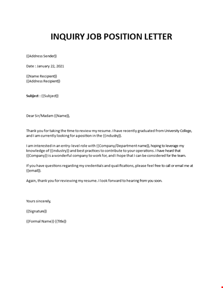 inquiry job position letter template
