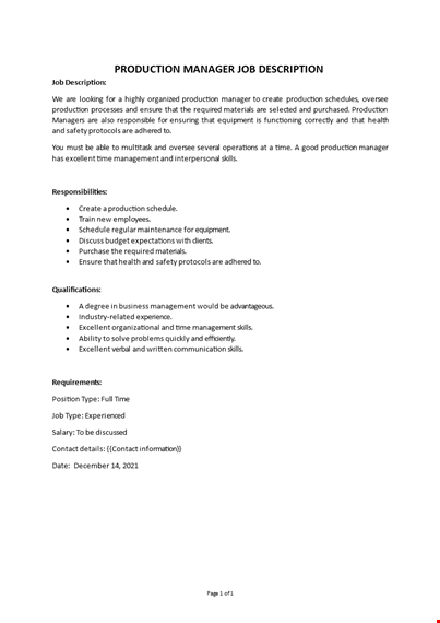 production manager job description template