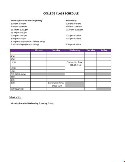 college schedule in ms word template
