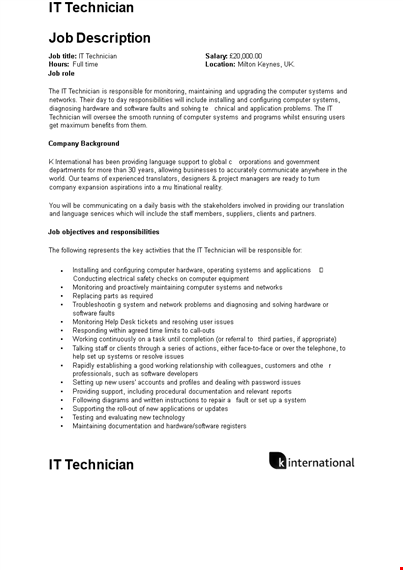 it computer techinician job description template