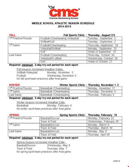 middle school sport season schedule template fuwdhqts template