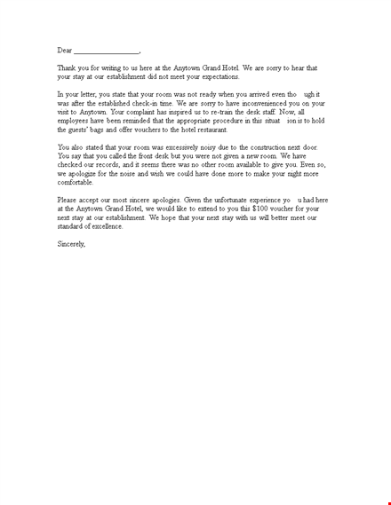 hotel complaint response letter template
