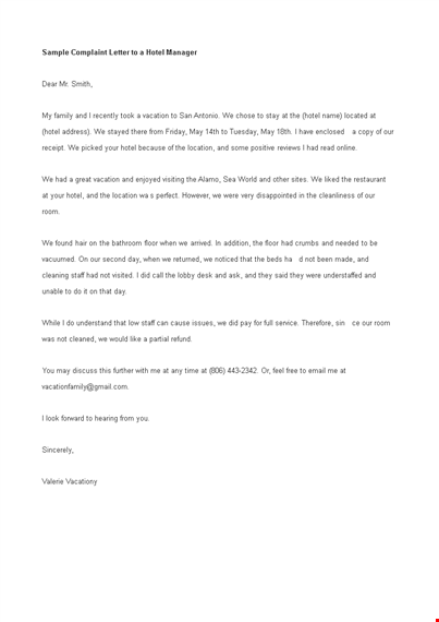 sample complaint letter to hotel manager template